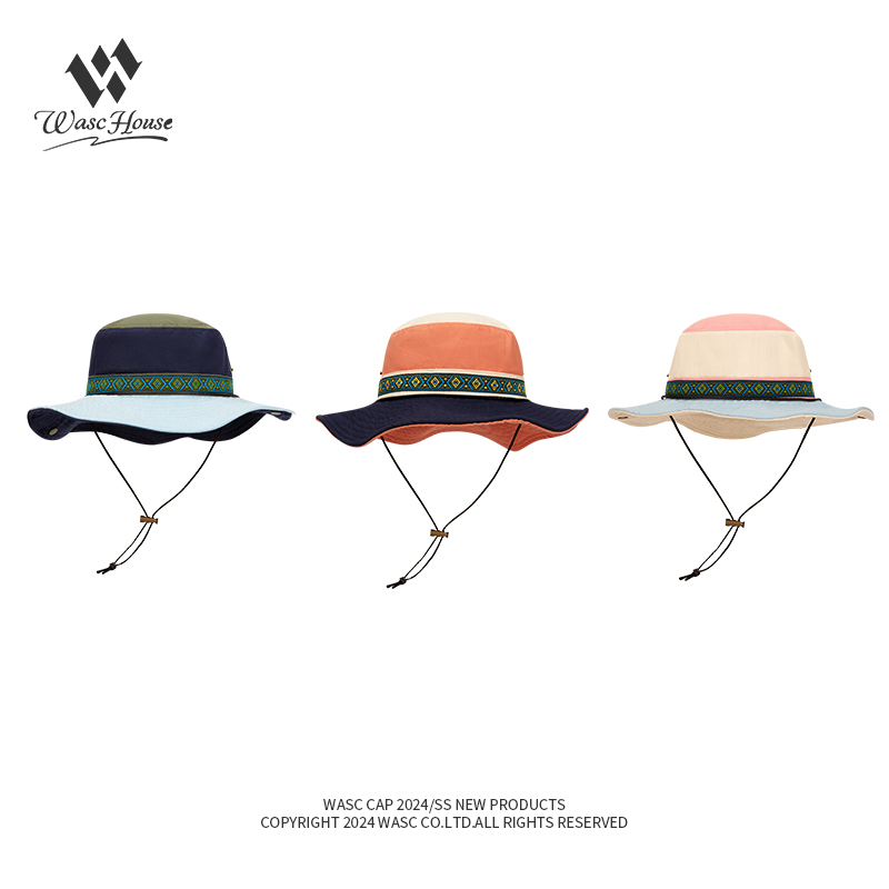 custom color blocked bucket hat with drawstring, wind strap, waterproof & sun protection