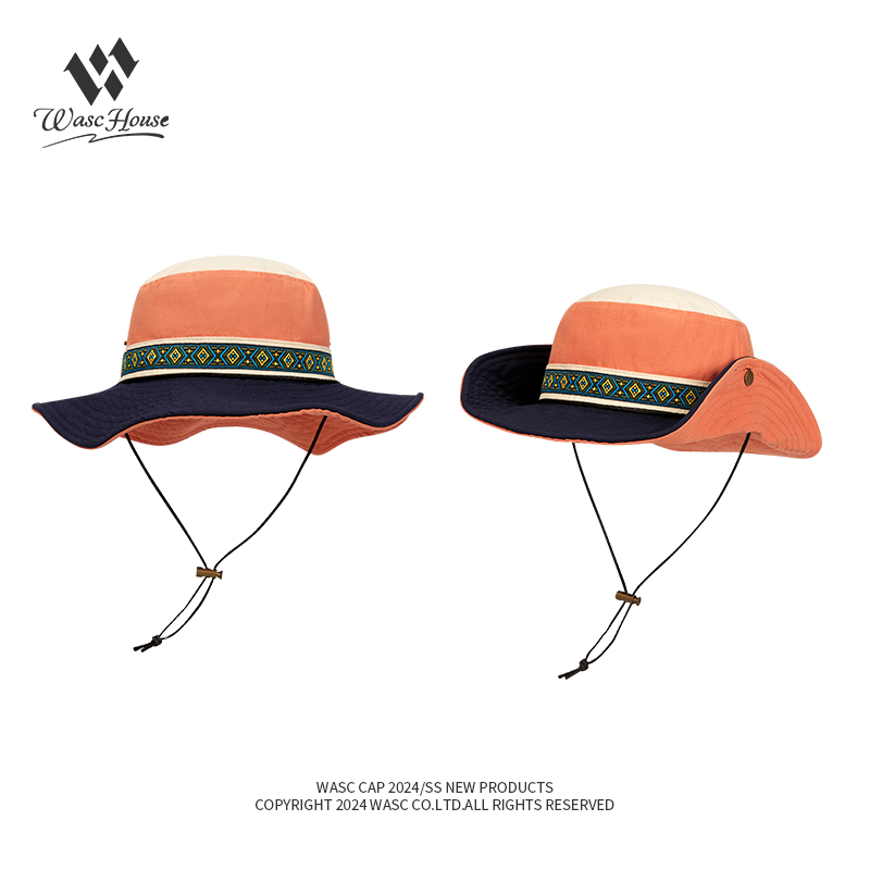 custom color blocked bucket hat with drawstring, wind strap, waterproof & sun protection