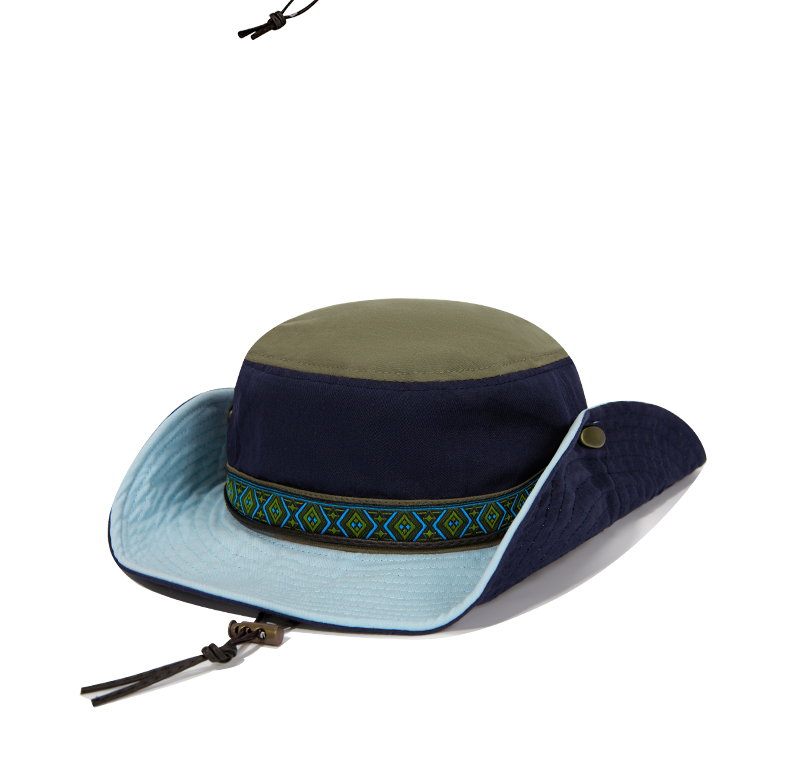 custom color blocked bucket hat with drawstring, wind strap, waterproof & sun protection