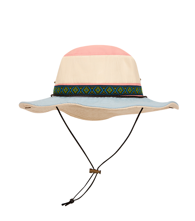 custom color blocked bucket hat with drawstring, wind strap, waterproof & sun protection