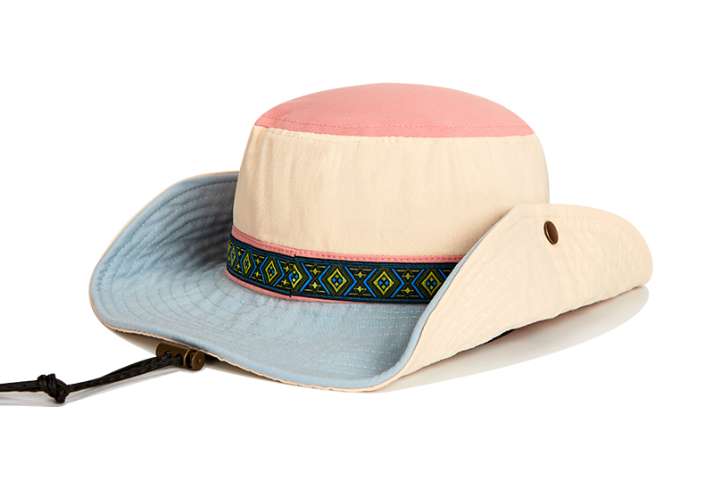 custom color blocked bucket hat with drawstring, wind strap, waterproof & sun protection