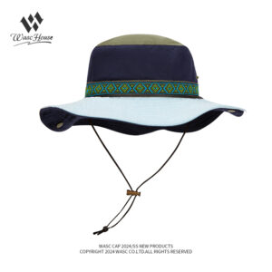 custom color blocked bucket hat with drawstring, wind strap, waterproof & sun protection