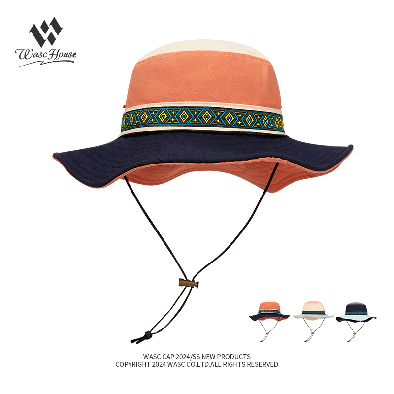 custom color blocked bucket hat with drawstring, wind strap, waterproof & sun protection