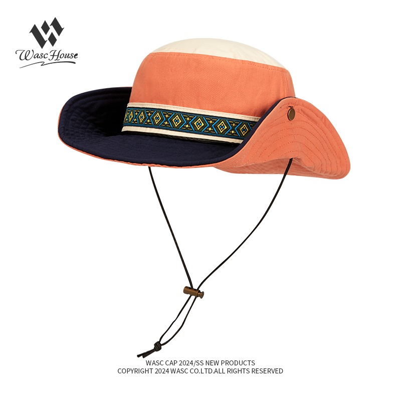 custom color blocked bucket hat with drawstring, wind strap, waterproof & sun protection