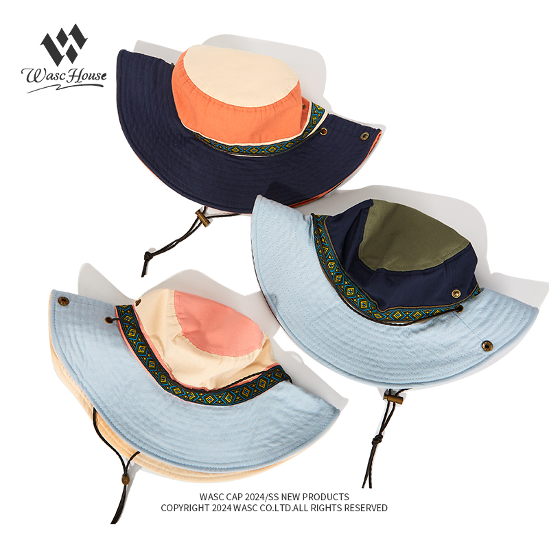 custom color blocked bucket hat with drawstring, wind strap, waterproof & sun protection