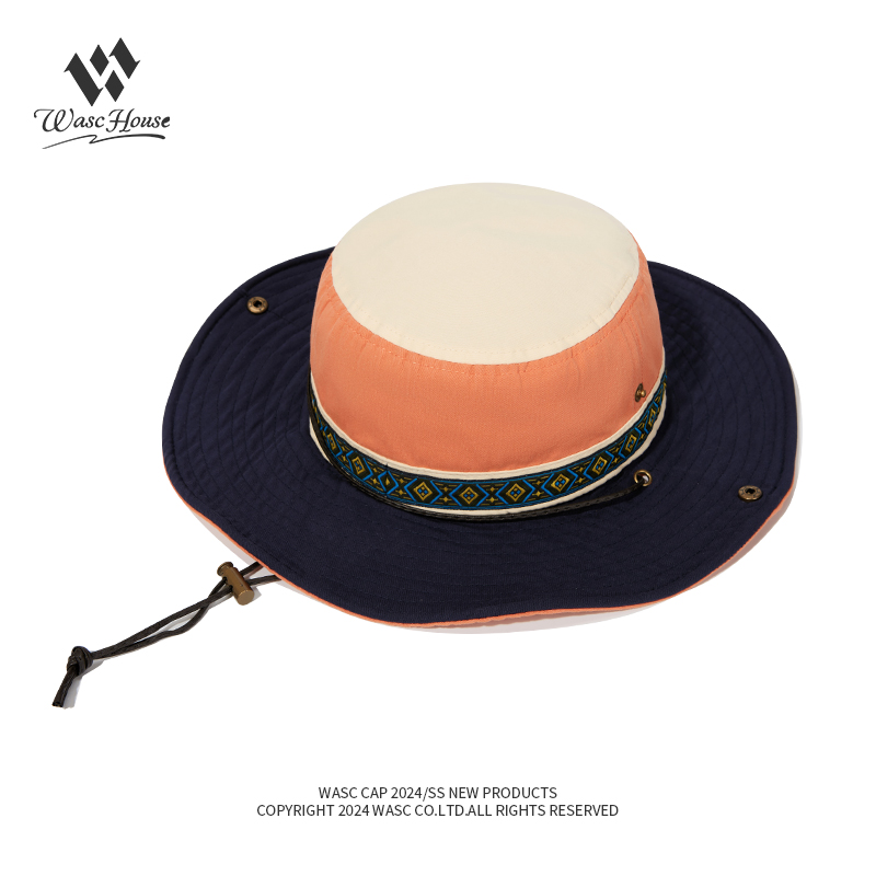 custom color blocked bucket hat with drawstring, wind strap, waterproof & sun protection