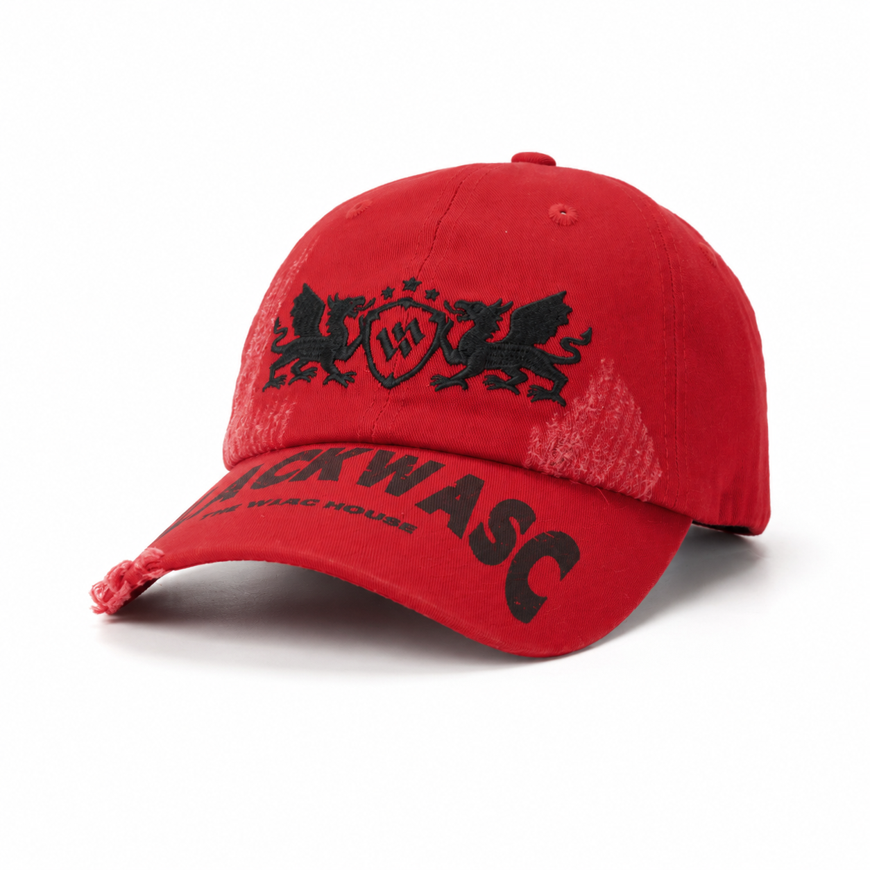 custom distressed ripped edge printed & embroidered baseball cap