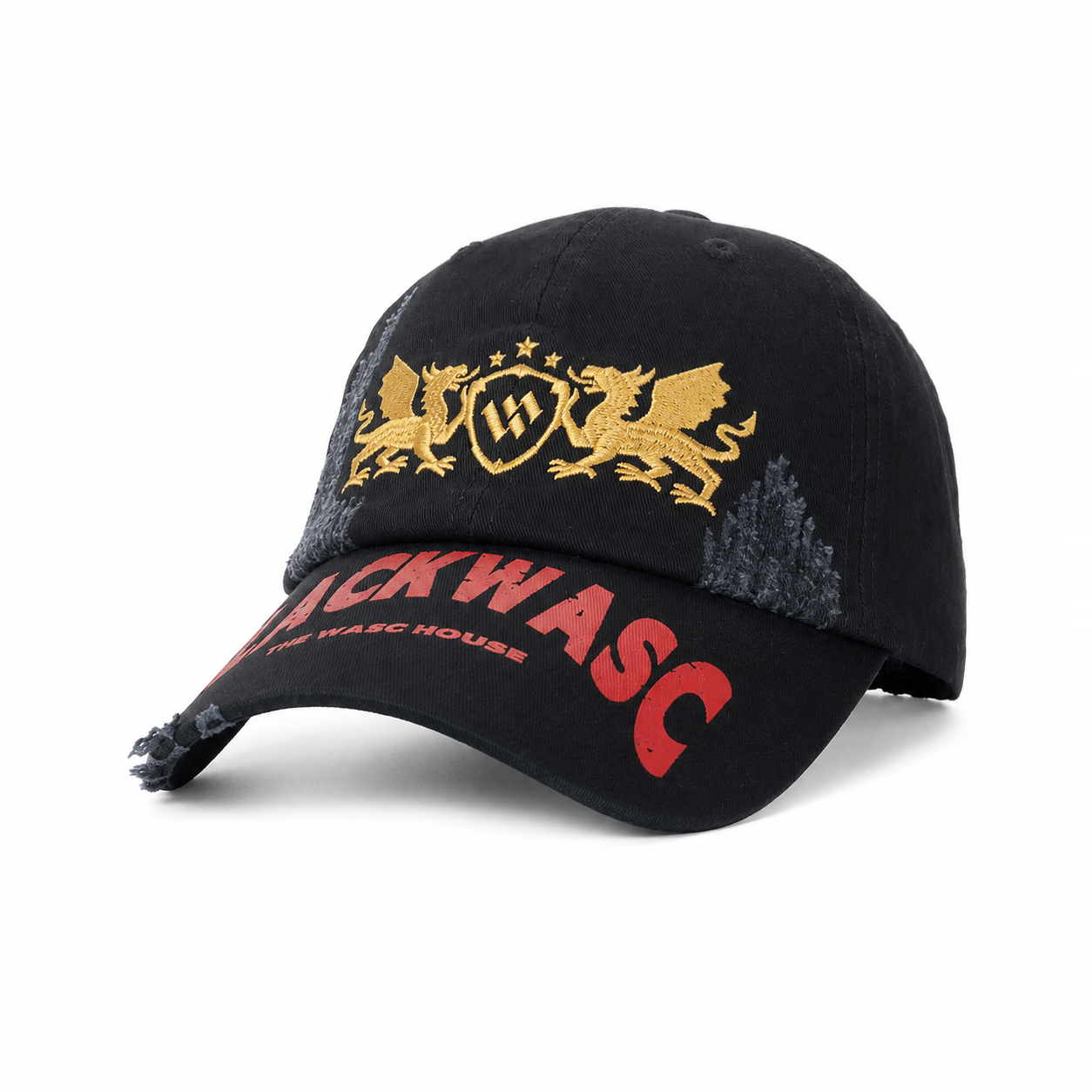 custom distressed ripped edge printed & embroidered baseball cap