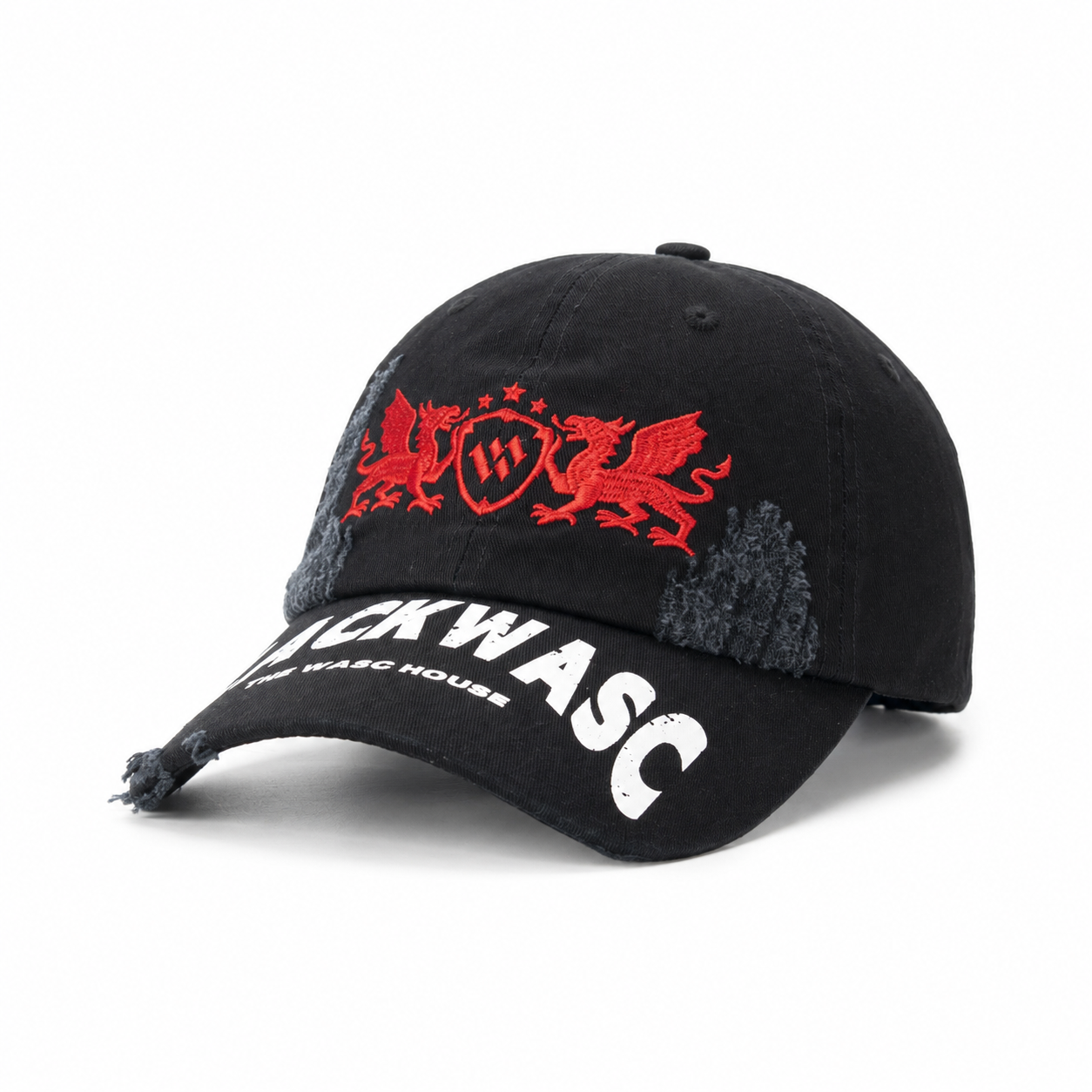 custom distressed ripped edge printed & embroidered baseball cap