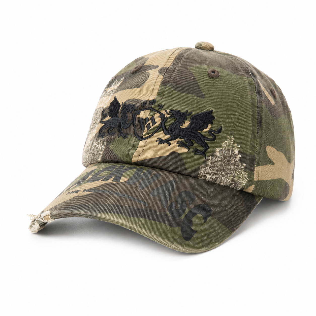 custom distressed ripped edge printed & embroidered baseball cap