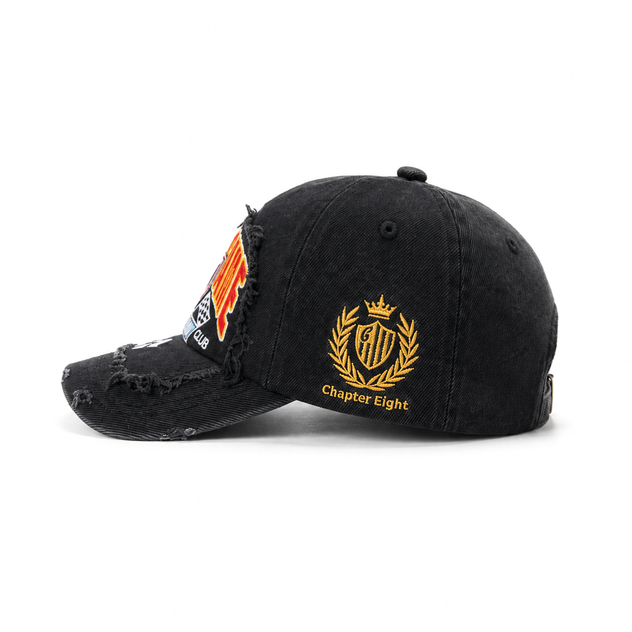 custom racing style distressed ripped edge embroidered baseball cap