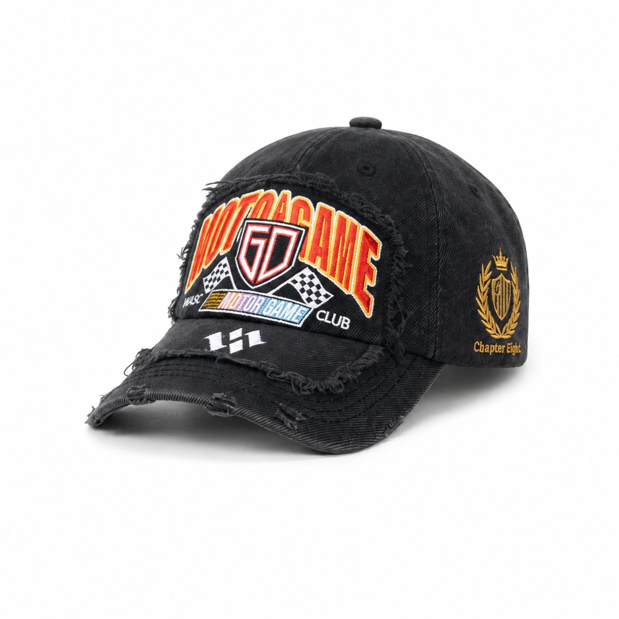custom racing style distressed ripped edge embroidered baseball cap