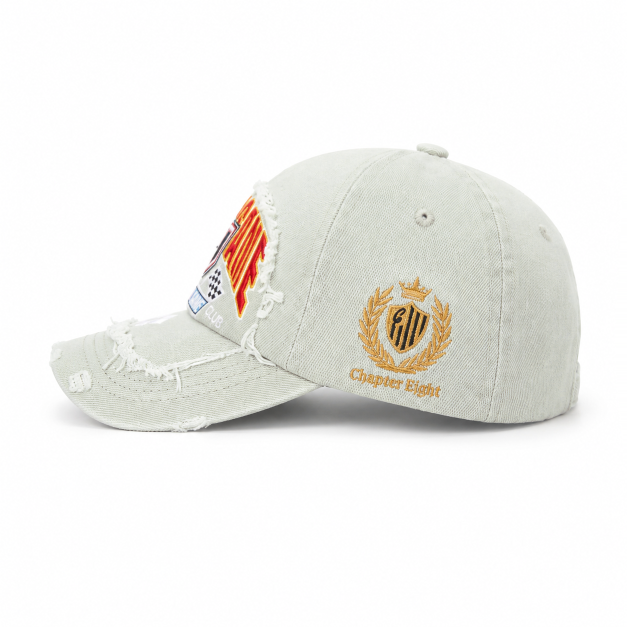 custom racing style distressed ripped edge embroidered baseball cap