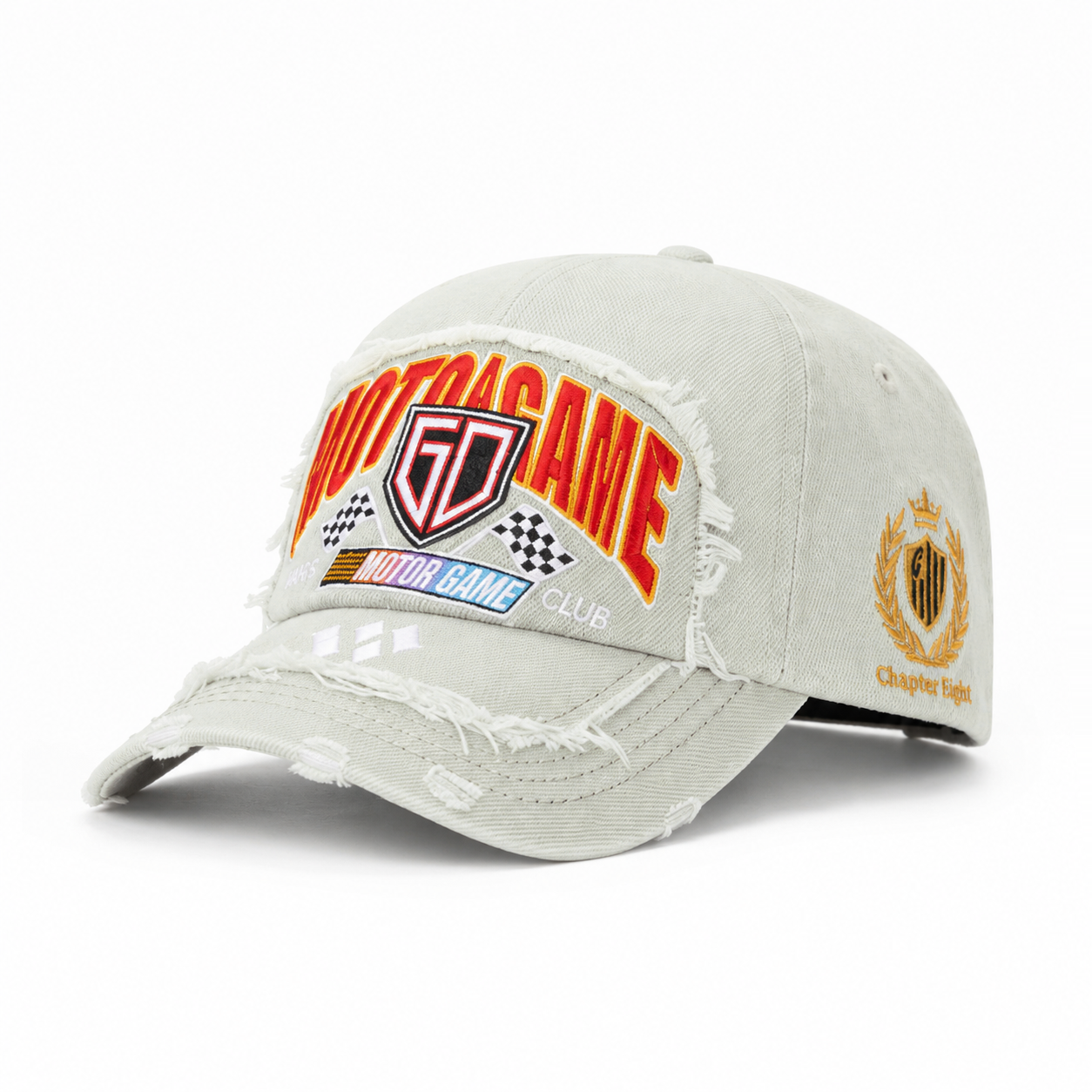 custom racing style distressed ripped edge embroidered baseball cap