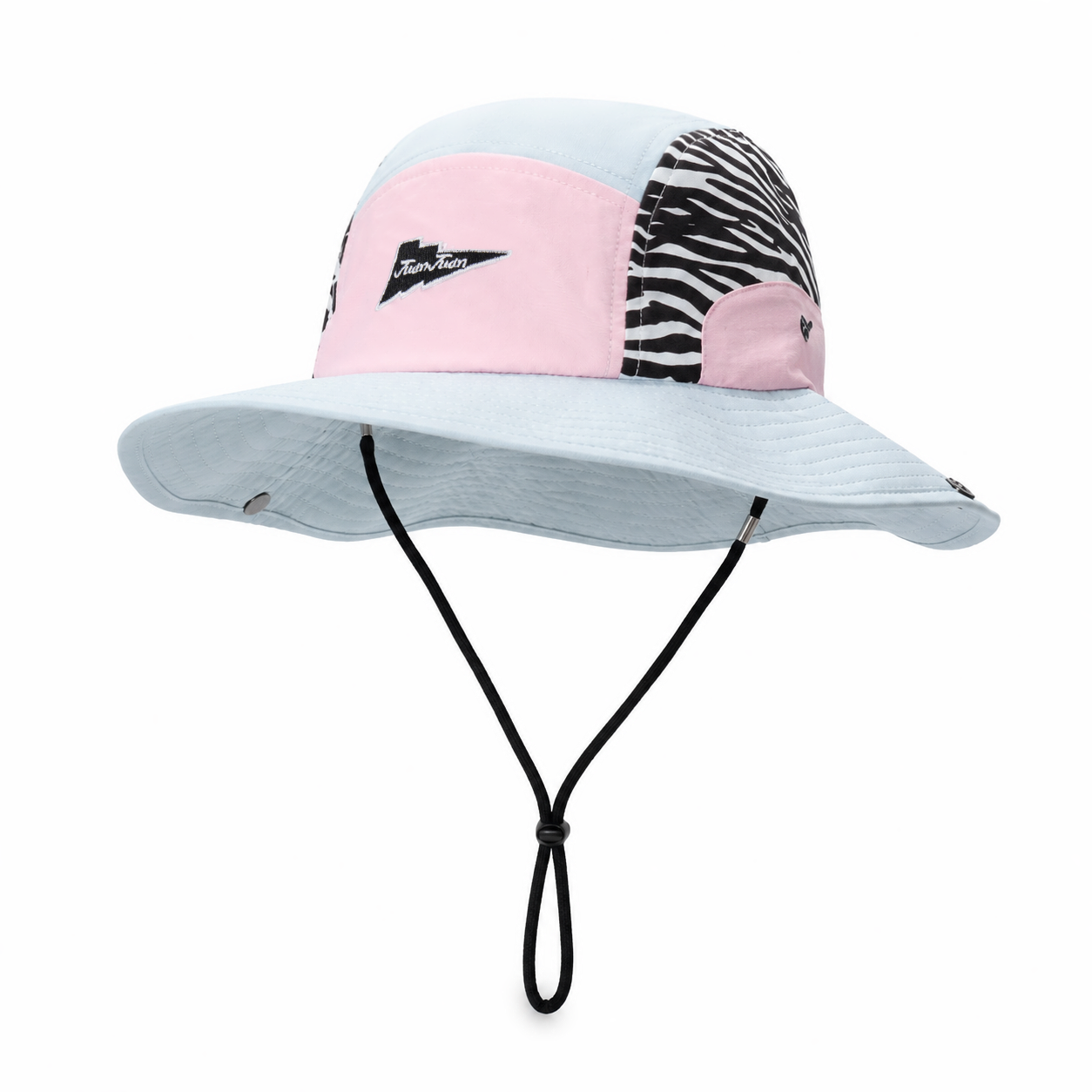 custom leopard print embroidered patch bucket hat with wind strap, quick dry, waterproof & sun protection