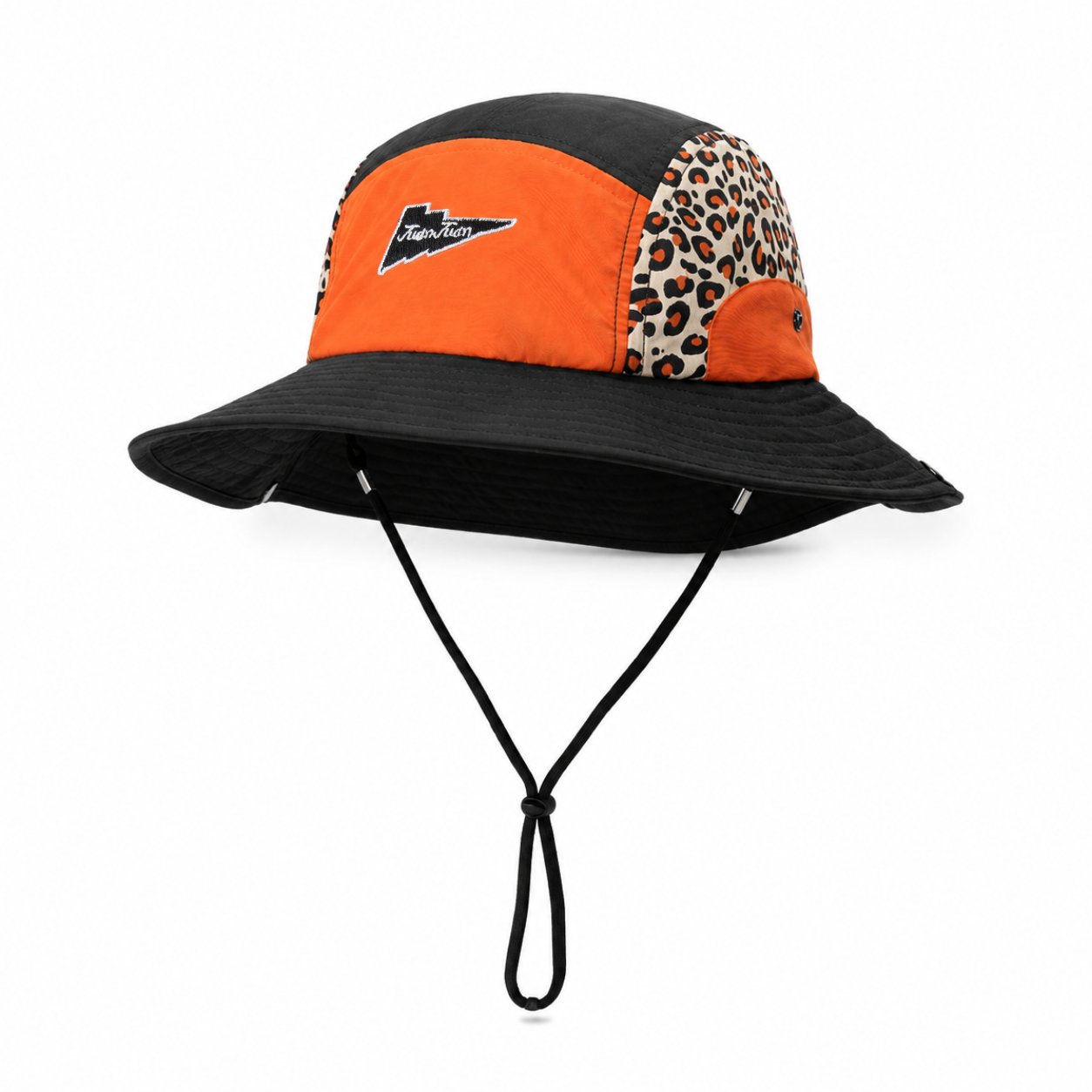 custom leopard print embroidered patch bucket hat with wind strap, quick dry, waterproof & sun protection