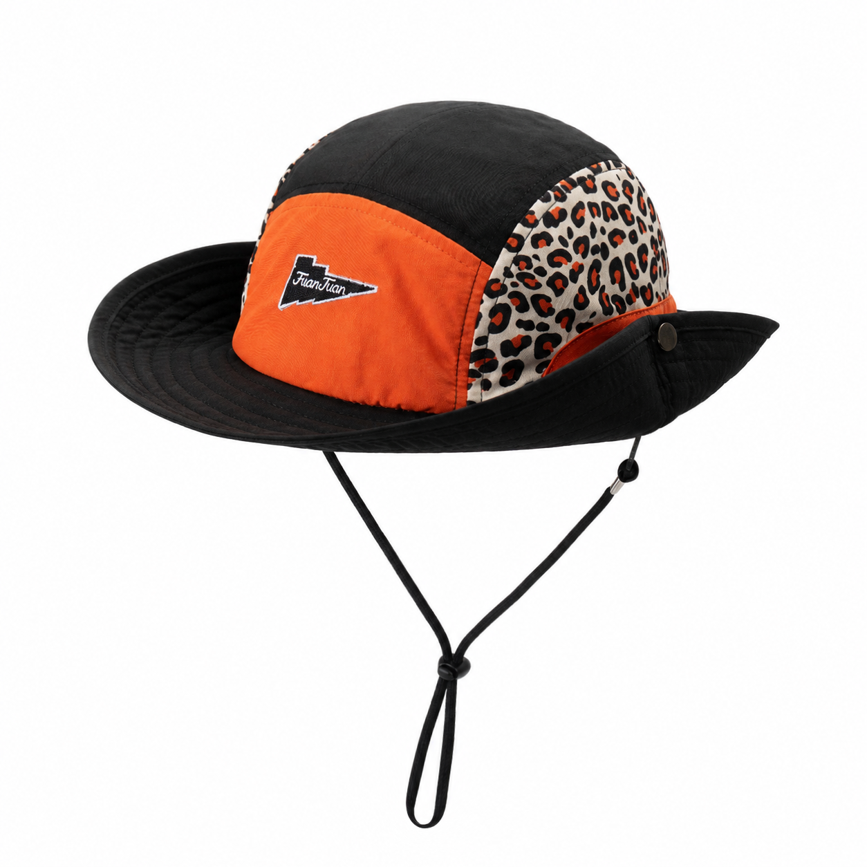 custom leopard print embroidered patch bucket hat with wind strap, quick dry, waterproof & sun protection