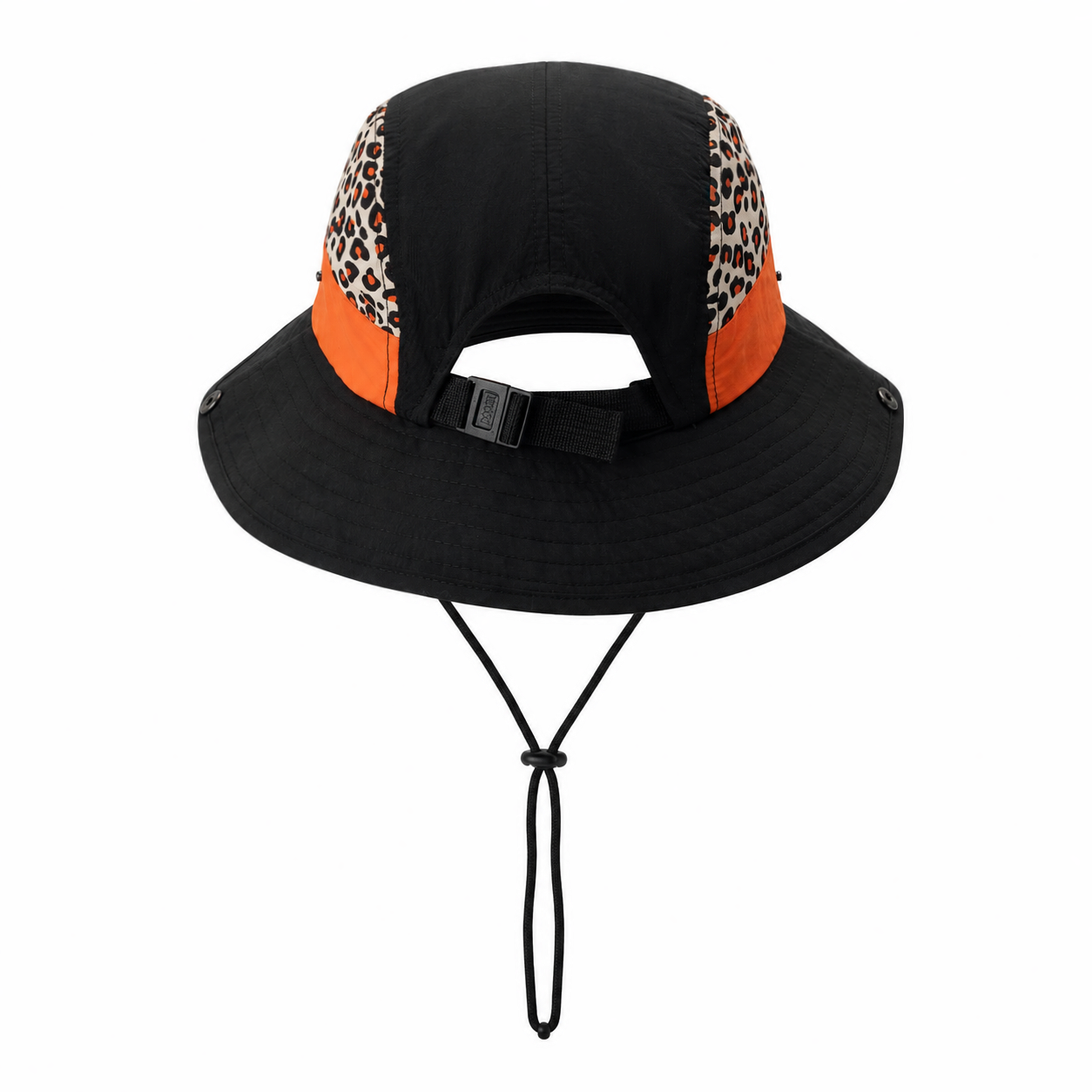 custom leopard print embroidered patch bucket hat with wind strap, quick dry, waterproof & sun protection