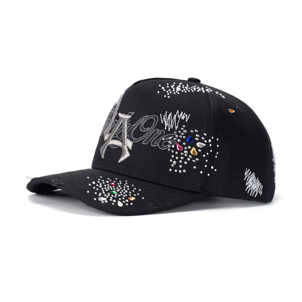 custom 5 panel cap with 3d embroidery & rhinestones
