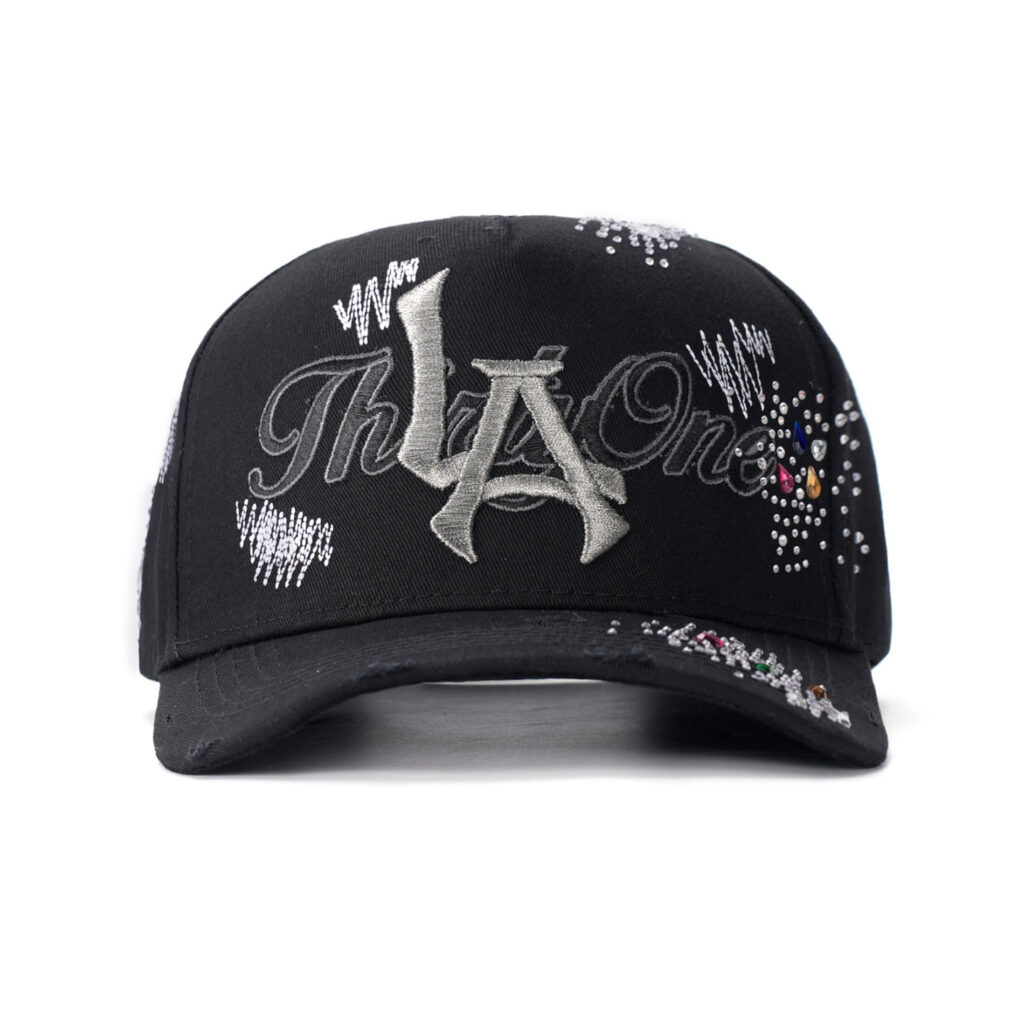 custom 5 panel cap with 3d embroidery & rhinestones
