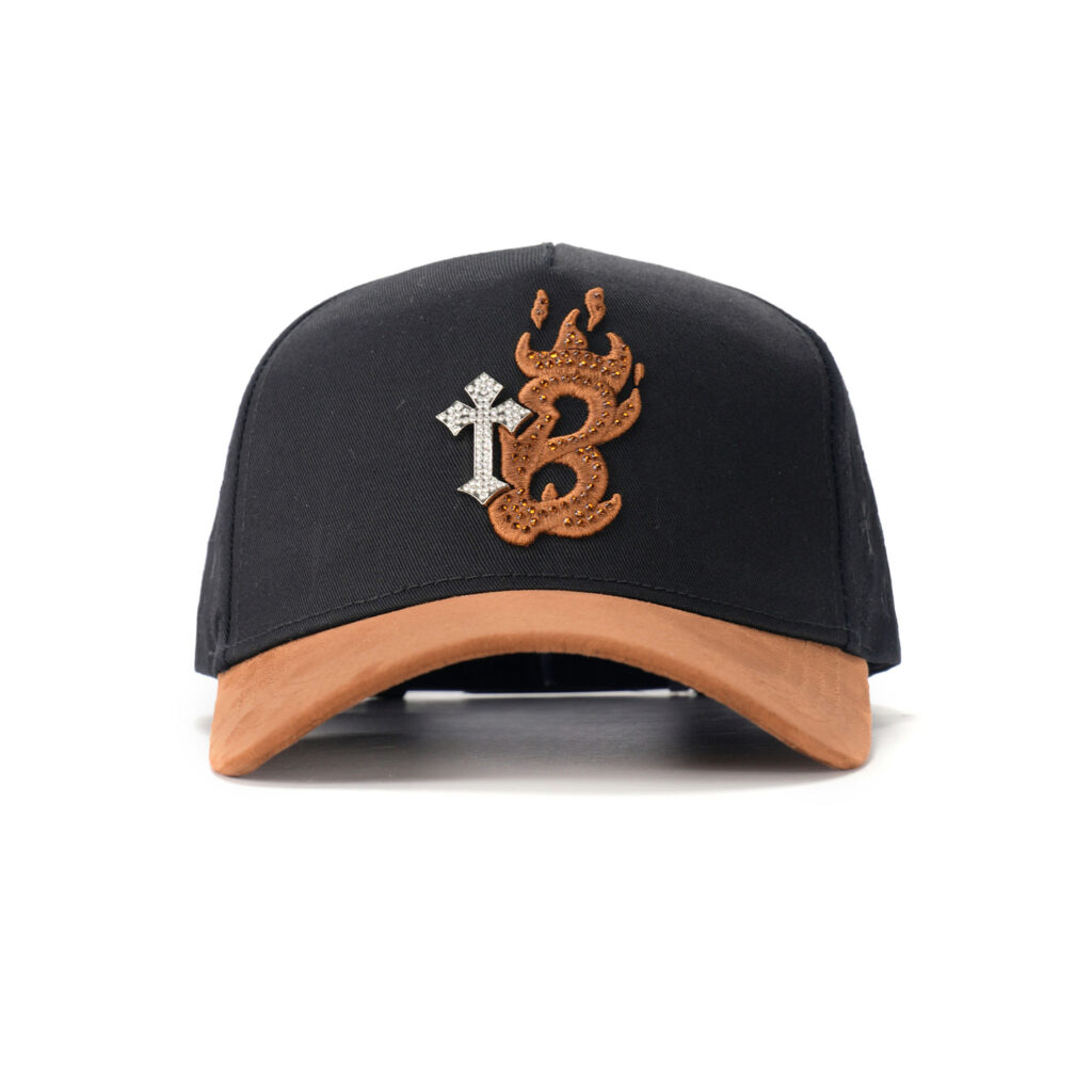 custom 5 panel cap with 3d embroidery, rhinestones & color block