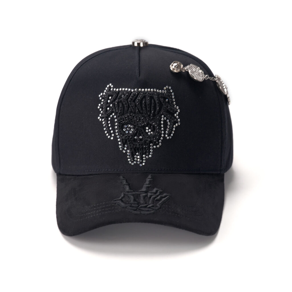 custom 5 panel cap with embroidery, rhinestones & chain decoration