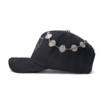 custom 5 panel cap with embroidery, rhinestones & chain decoration