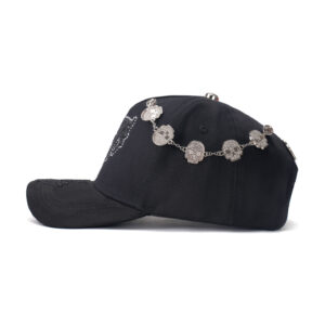 custom 5 panel cap with embroidery, rhinestones & chain decoration