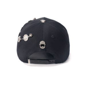 custom 5 panel cap with embroidery, rhinestones & chain decoration