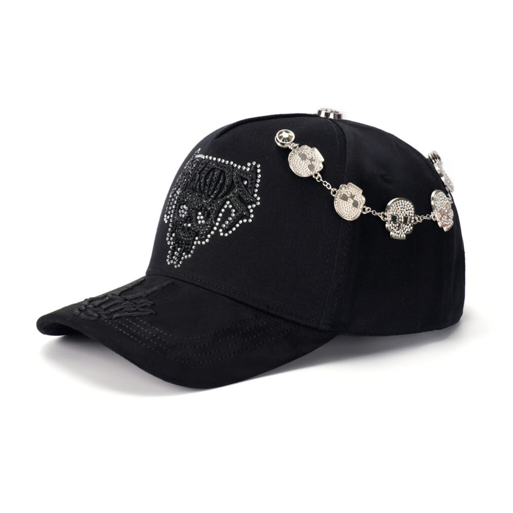 custom 5 panel cap with embroidery, rhinestones & chain decoration