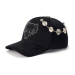 custom 5 panel cap with embroidery, rhinestones & chain decoration