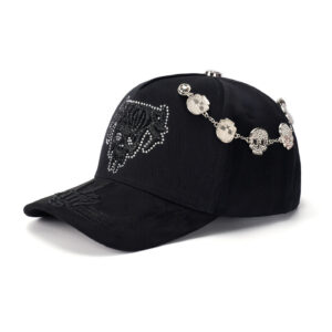 custom 5 panel cap with embroidery, rhinestones & chain decoration
