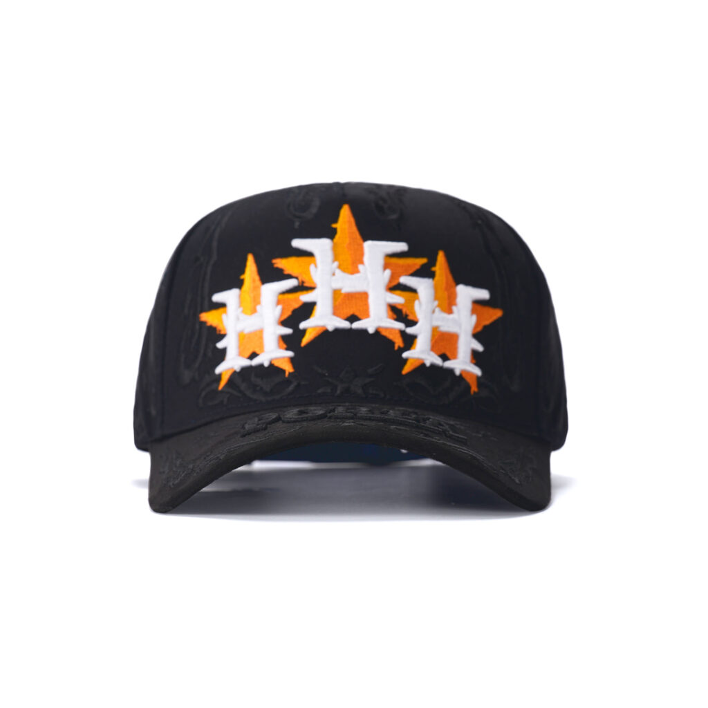 custom 5 panel cap with oversized embroidery