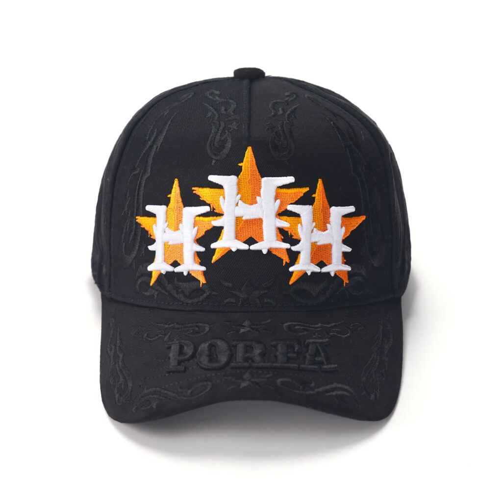 custom 5 panel cap with oversized embroidery