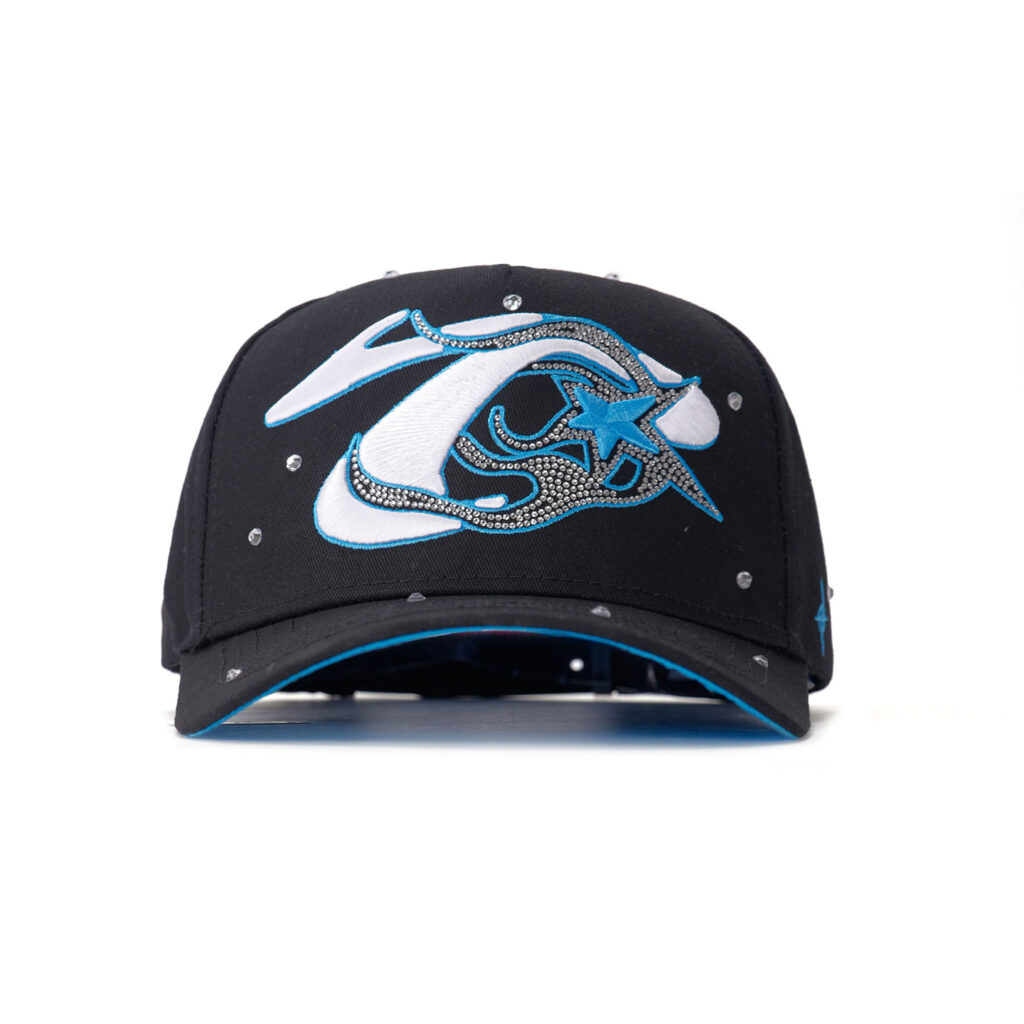 custom 5 panel cap with oversized embroidery & crystal rhinestones