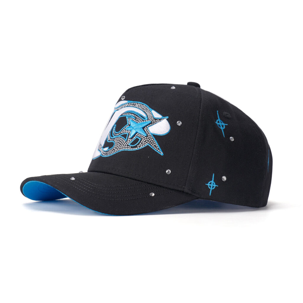 custom 5 panel cap with oversized embroidery & crystal rhinestones