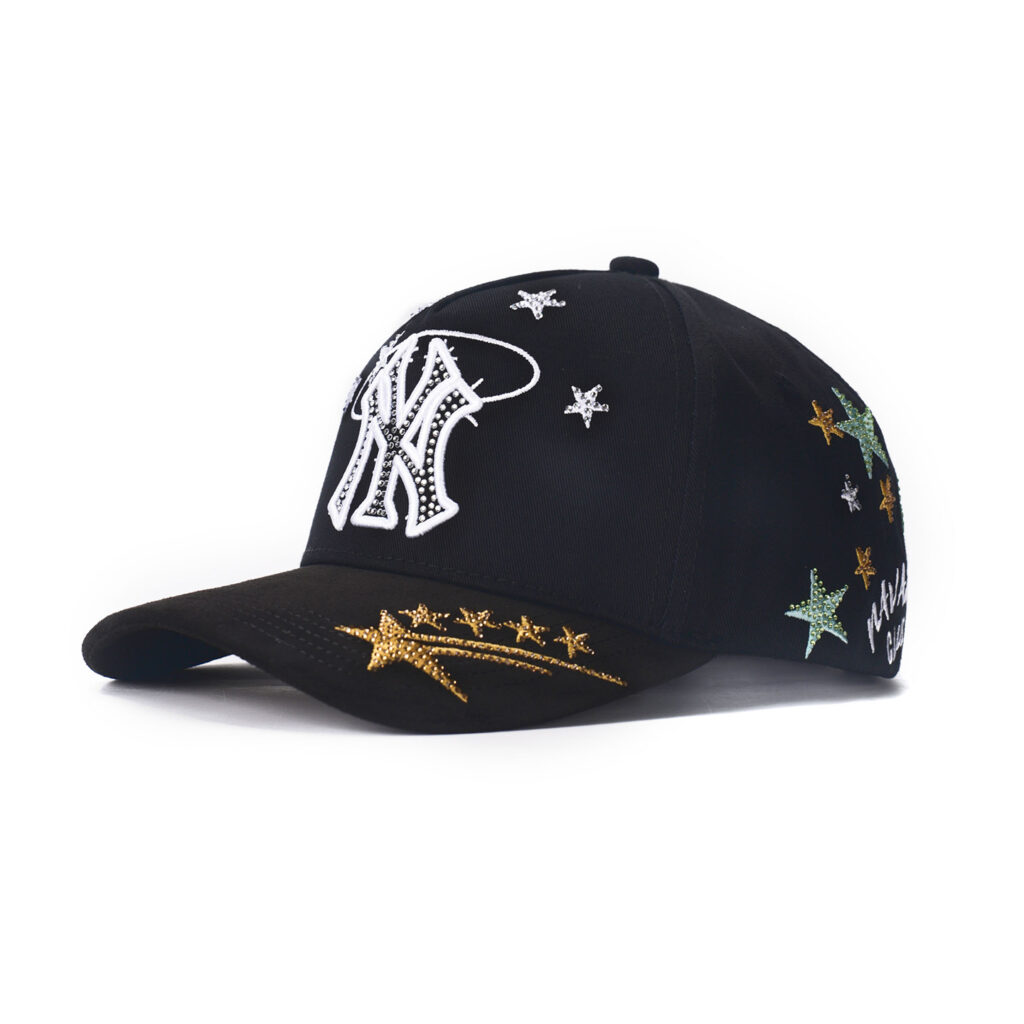 custom 5 panel cap with star embroidery & rhinestones