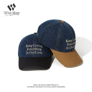 custom color block denim baseball cap with letter embroidery