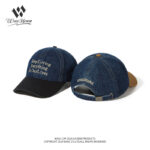 custom color block denim baseball cap with letter embroidery