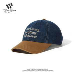 custom color block denim baseball cap with letter embroidery