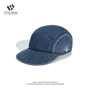 custom family 5 panel caps with peacock embroidery, denim fabric