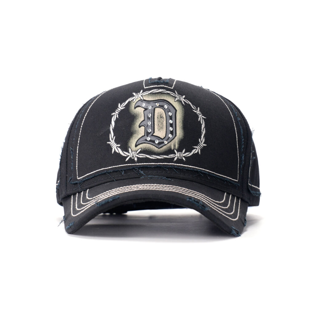 custom vintage 5 panel cap with embroidery, print & crystal rhinestones