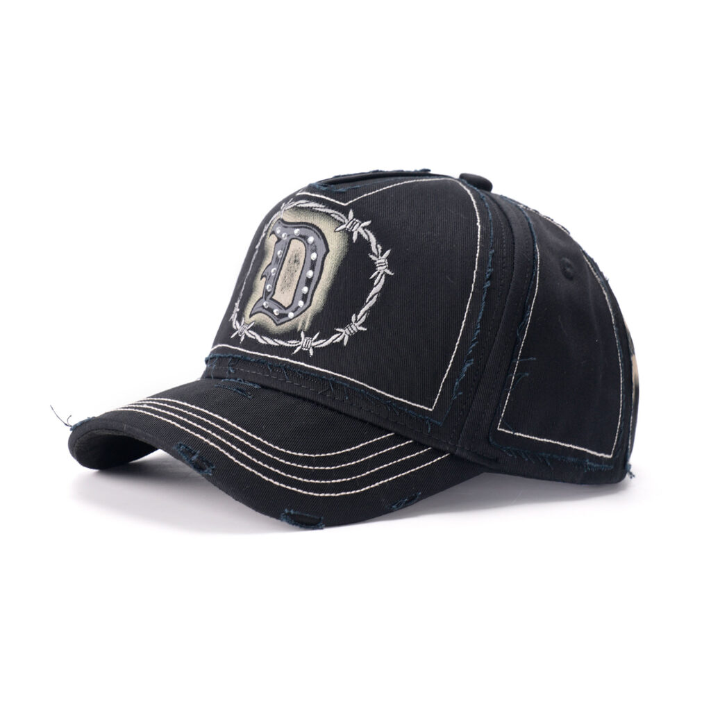 custom vintage 5 panel cap with embroidery, print & crystal rhinestones