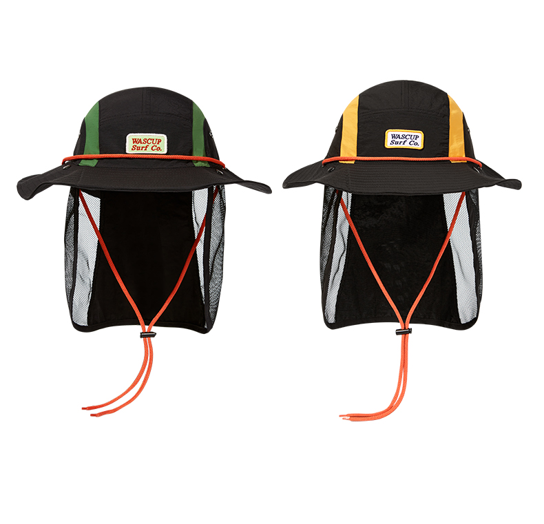 custom color blocked mesh bucket hat with neck flap & wind strap, breathable & quick dry