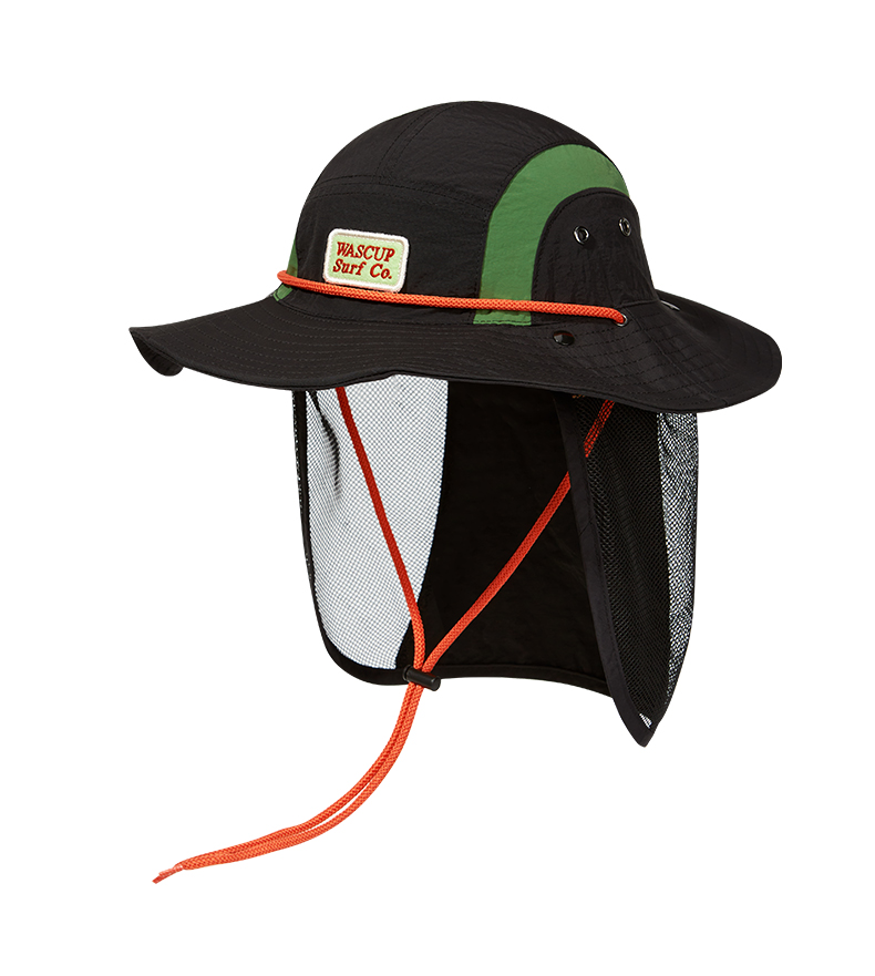 custom color blocked mesh bucket hat with neck flap & wind strap, breathable & quick dry