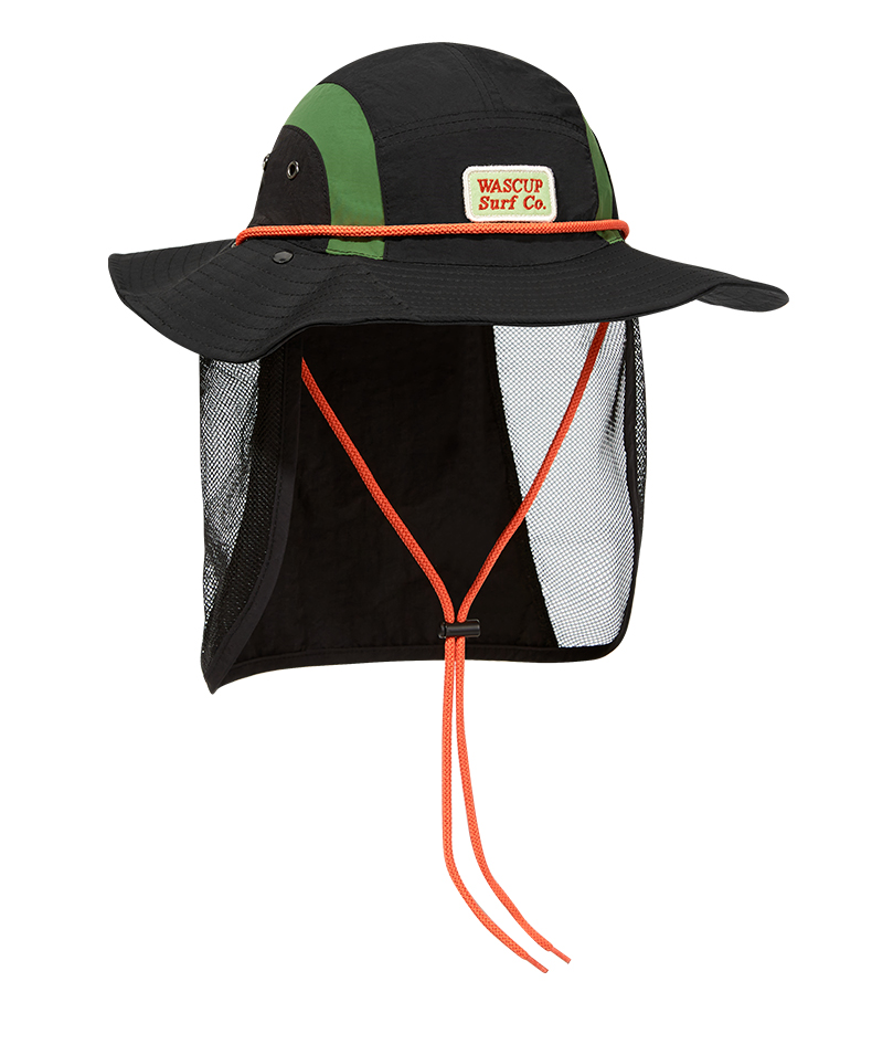 custom color blocked mesh bucket hat with neck flap & wind strap, breathable & quick dry