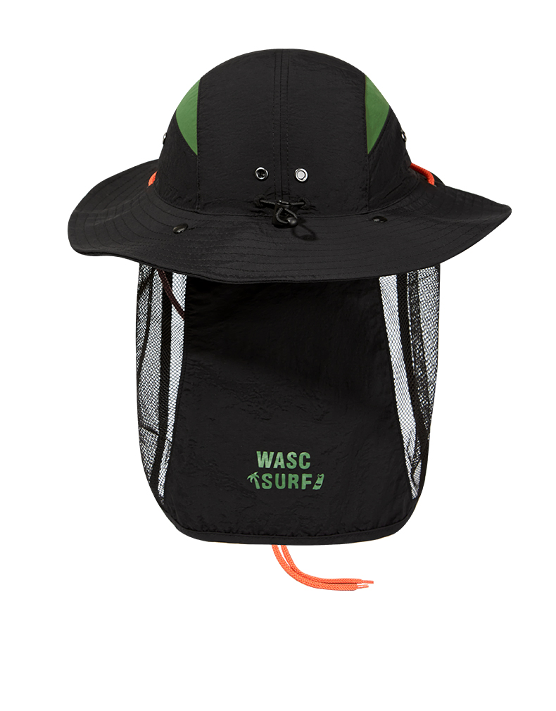 custom color blocked mesh bucket hat with neck flap & wind strap, breathable & quick dry