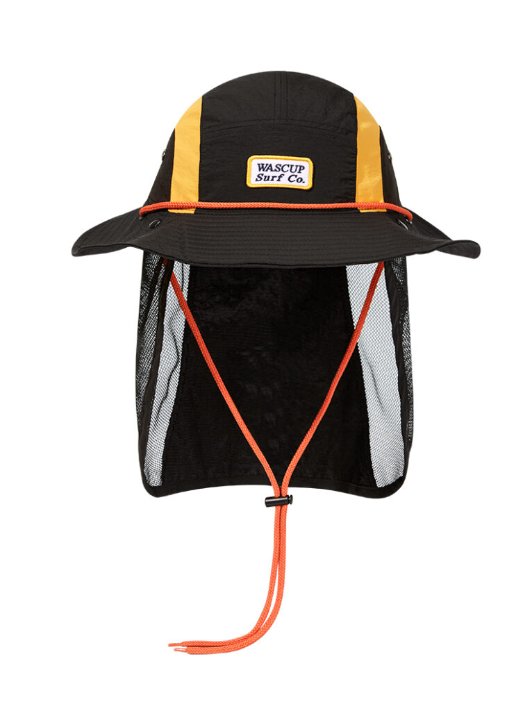 custom color blocked mesh bucket hat with neck flap & wind strap, breathable & quick dry