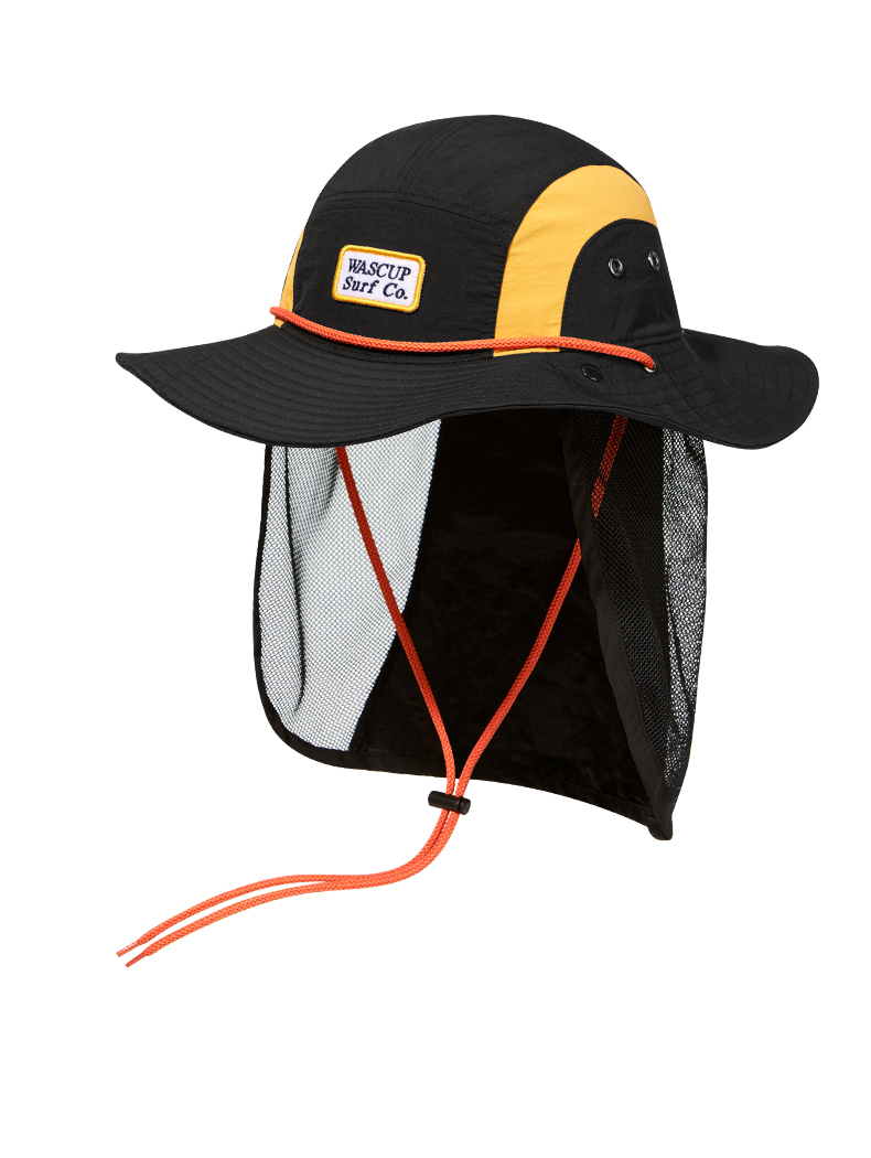 custom color blocked mesh bucket hat with neck flap & wind strap, breathable & quick dry