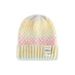 custom pastel gradient space dyed chunky square cable knitted beanie, vertical rib fold cuff with private brand sewing label